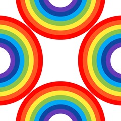 Seamless pattern of four circular rainbow segments pointing towards a white center. Abstract colorful background