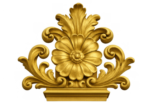 Golden baroque ornament featuring carved floral scrollwork and acanthus leaves, decorative element on transparent background