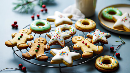 Decorated holiday cookies on cooling rack with milk, red berries, and pine branches in festive setting