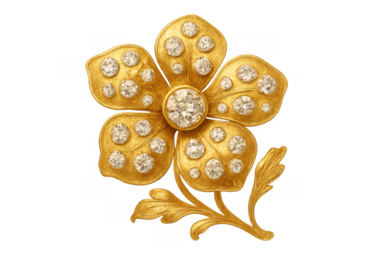 Golden flower brooch with sparkling diamonds, elegant vintage fashion accessory for luxury jewelry collection on transparent background