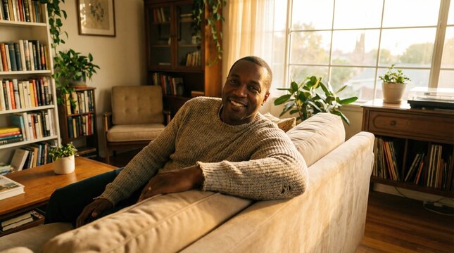 Smiling man relaxing on a cozy sofa in bright living room with plants and bookshelves - Powered by Adobe