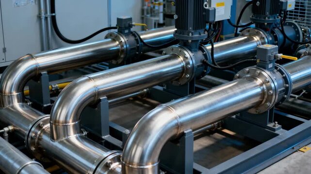 Medium shot of a titanium geothermal heat exchanger showing sleek corrosionresistant pipes transferring heat efficiently to power system components.