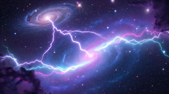 Witness a breathtaking cosmic spectacle as vibrant, electrified energy bolts span across the boundless deep space. Two magnificent spiral galaxies pulsate with light, connected by a powerful, multi-hu