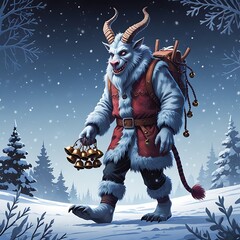 stylized Krampus walking in the snow carrying jingling bells, oversized feet, long striped tongue, playful winter horror-comedy vibe