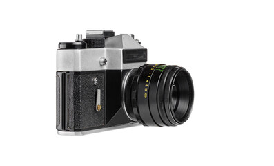 Fototapeta premium Stylish old analog camera isolated on white, ideal for photo studios, retro-themed designs and advertising concepts.