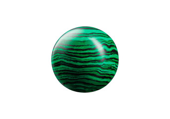 A polished malachite sphere on a white background, featuring swirling green bands with dark accents. Ideal for decorative purposes or mineral collections with its vibrant, natural patterns.