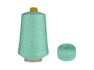 A vibrant green thread set including a spool on a cardboard bobbin and smaller balls, isolated on a white background. Ideal for sewing, knitting, or craft projects, this versatile thread adds a lively