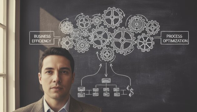 Business manager stands before chalkboard gear diagram about process optimization and efficiency symbolizing autumn corporate training and workflow reform