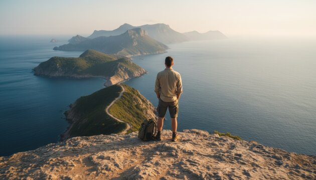 Traveler stands on high cliff ridge overlooking island path that reflects adventure and nature appreciation. Soft sunrise light inspires themes of freedom and personal reflection