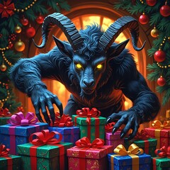 stylized Krampus sneaking behind a pile of wrapped gifts, glowing eyes, long furry arms, playful spooky christmas mood