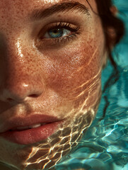 Extreme close-up of a person's cheek and nose, submerged in water, showing textured light patterns and water droplets on the skin.