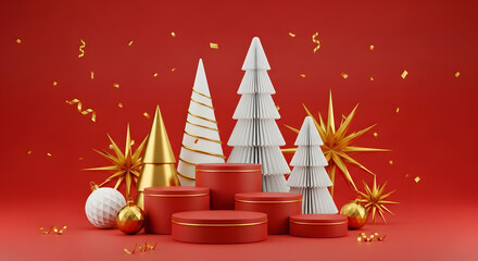 Minimalist Christmas Holiday Festive Seasonal Winter 3D Illustration Scene with Red Background Podium Abstract Trees Gold Stars and Ornaments