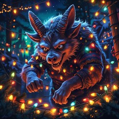 playful Krampus tangled in glowing Christmas lights, frustrated cute expression, vibrant holiday chaos illustration