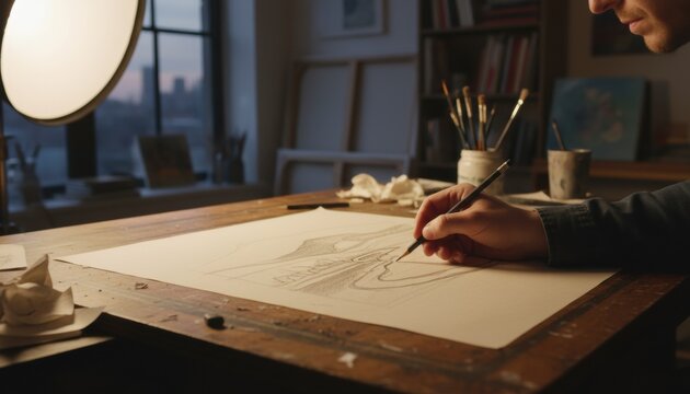 Artist sketches landscape on large paper at walnut wood desk from italy in evening studio light capturing creative process illustration study and mindfulness