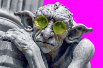 stone gargoyle with yellow glasses posing on bright pink background creating bold artistic scene in modern design
