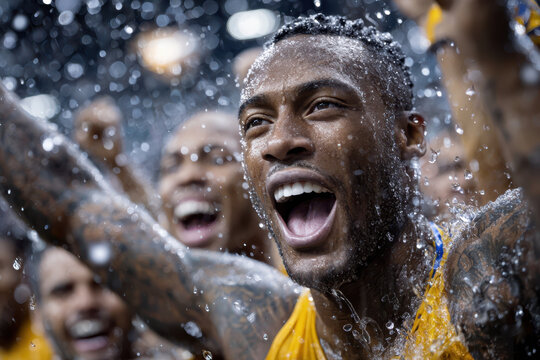 Celebration of victory by basketball players after a thrilling match in a packed arena