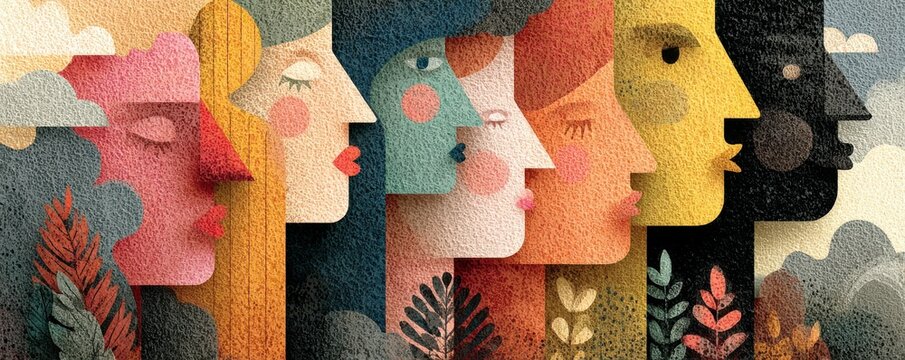 Diverse group of faces in a row symbolizes unity, collaboration, and community in color illustration