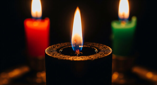 Kwanzaa candles embody unity and heritage. Celebratory black, red, and green candles evoke Nguzo Saba principles. Ideal for cultural event promos, African heritage projects.
