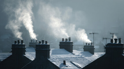 Snow-covered rooftops with chimneys releasing soft white smoke into the cold winter air at dawn