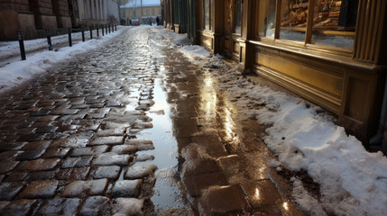 Golden sunlight shining through delicate frost crystals on a cold winter window surface