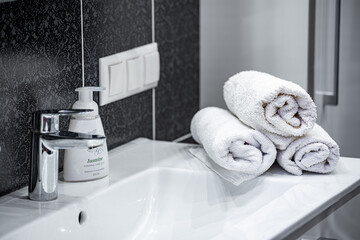 Bathroom in the apartment. Shower stall and bathtub.