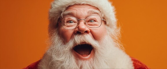 A cheerful man dressed as Santa Claus is smiling widely. His beard is fluffy and white, and he wears glasses and a festive red suit against a vibrant orange backdrop