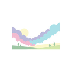 Fototapeta premium A panoramic view of a clear blue, pink, and purple sky dotted with white clouds, offering ample copy space, set against a summer sky landscape background in a colorful, cloud-filled vector