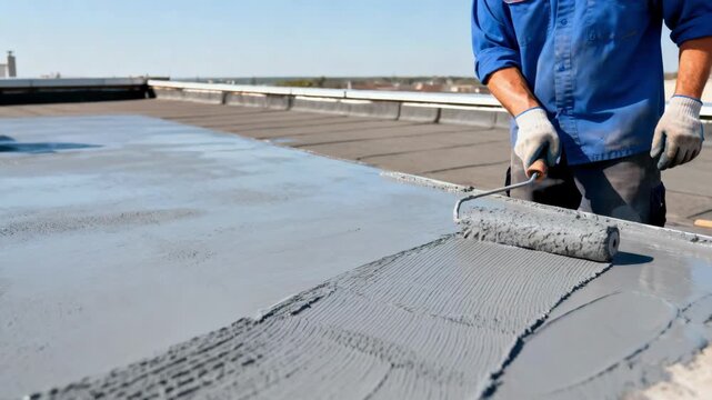 Medium shot showing a contractor spreading waterproof roof coating on a flat roof ensuring complete water repellency and leak prevention.