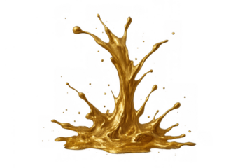 Golden liquid splashing with drops and fluid motion, shiny molten metallic paint explosion, transparent background effect