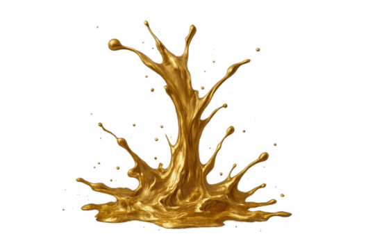Golden liquid splashing with drops and fluid motion, shiny molten metallic paint explosion, transparent background effect