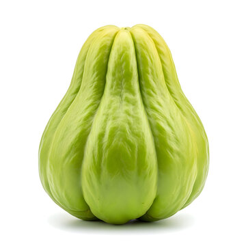 A single green chayote squash on a white background