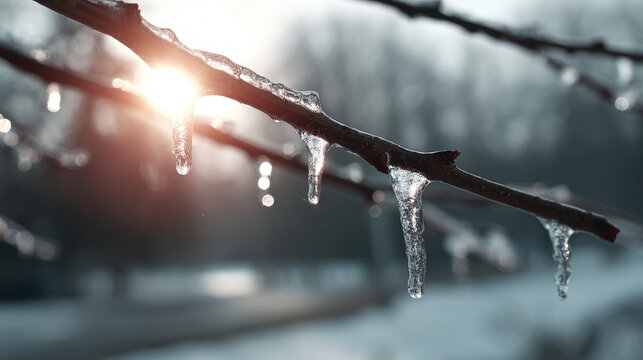 Sunlight shining through melting icicles on a frozen tree branch in winter