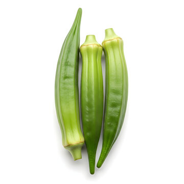 Three Fresh Green Okra Pods on White Background