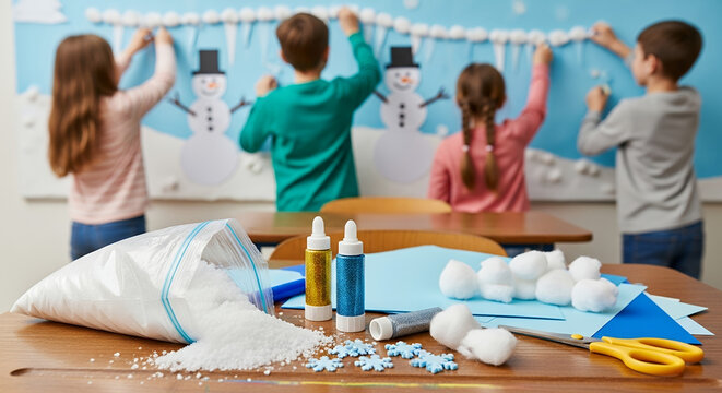 Children crafting decorations for winter holidays in classroom  