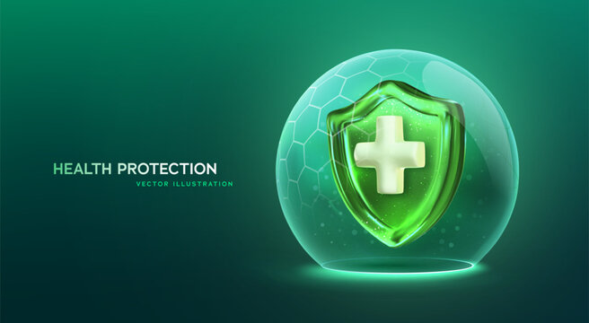 Health Protection Shield In Green Safety Sphere With Medical Cross, Futuristic Healthcare Safety Concept For Wellness And Immunity Security, Vector Illustration