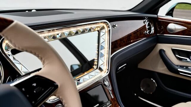 Artisan fitting beveled mirror panel attachment on elegant dashboard emphasizing decorative angled edges and light refraction details.