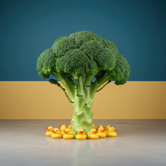 Broccoli Tree With Rubber Ducks in a Whimsical Minimalist Scene