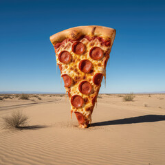 Giant Pepperoni Pizza Slice Standing in a Desert Landscape &ndash; Surreal Food Art Scene