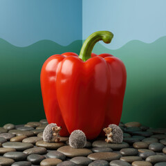 Giant Red Bell Pepper with Miniature Hedgehogs in a Whimsical Nature Scene