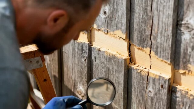 Medium shot of poplar wood siding inspection focusing on detecting and repairing cracks to maintain structural integrity.