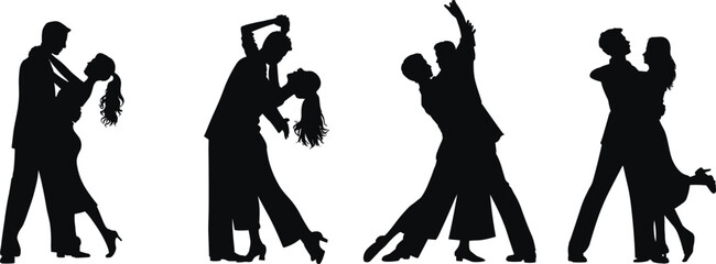 Ballroom dance couple silhouette set, elegant poses with formal attire, expressive movement icons, flat vector illustration
