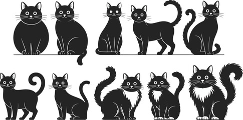 Black cat silhouette set, cartoon style, fur texture variations, tail positions, expressive feline poses, flat vector illustration © Creative_design