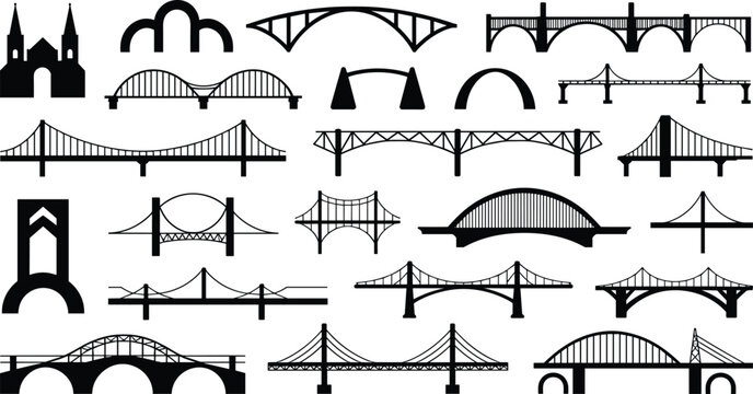 Bridge silhouette set, structural engineering styles, architectural diversity, suspension and truss designs, global infrastructure, flat vector illustration