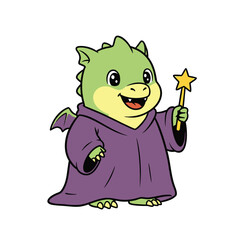 A cute cartoon green dragon wearing a purple wizard robe and holding a golden star magic wand, smiling happily.