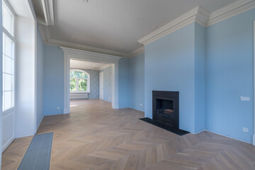Obraz premium Bright and airy space features light blue walls and a herringbone wooden floor. A fireplace adds character to the room, which invites creativity and design