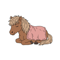 Cute cartoon illustration of a brown pony sleeping peacefully under a pink blanket.