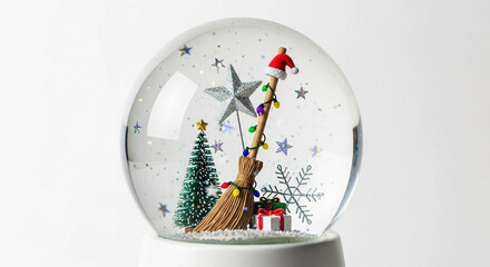 Christmas snow globe with broom decorated with lights and Santa hat image