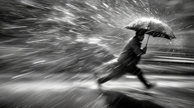 Person running with an umbrella through heavy rain on a city street