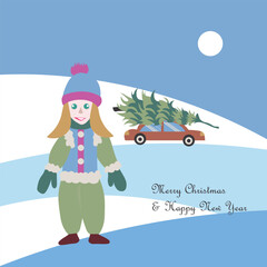 Merry Christmas and Happy New Year congratulation card. Happy girl, car with Christmas tree stock on snow background vector illustration for web, for print