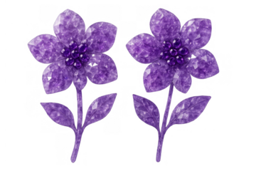 Two faceted amethyst crystal flowers in bloom with purple gemstones, creating elegant floral jewelry on a transparent background